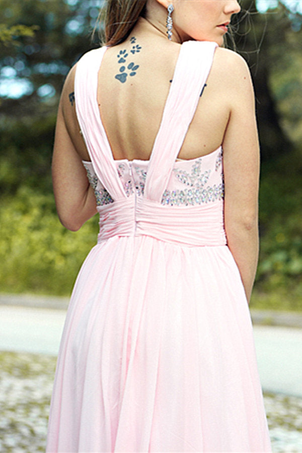 A-line V-neck Floor Length Chiffon Rhinestone Backless Prom Dress-Ballbella