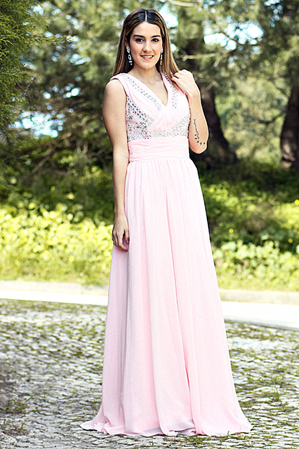 A-line V-neck Floor Length Chiffon Rhinestone Backless Prom Dress-Ballbella