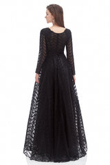 A-line V-neck Floor-length Long Sleeve Lace Sequined Prom Dress-Ballbella