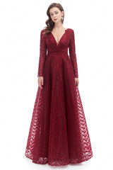 A-line V-neck Floor-length Long Sleeve Lace Sequined Prom Dress-Ballbella