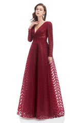 A-line V-neck Floor-length Long Sleeve Lace Sequined Prom Dress-Ballbella