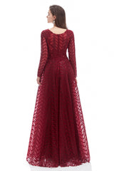 A-line V-neck Floor-length Long Sleeve Lace Sequined Prom Dress-Ballbella