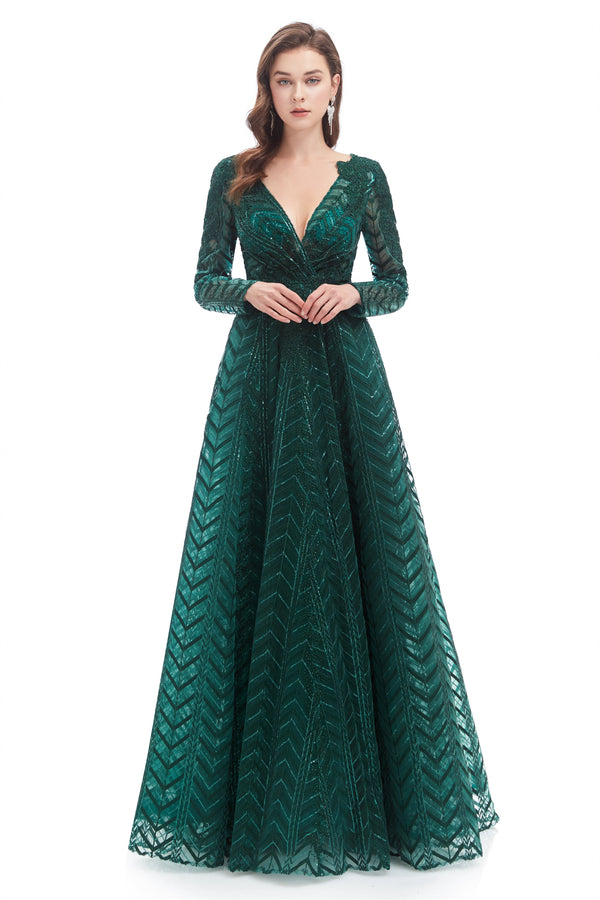 A-line V-neck Floor-length Long Sleeve Lace Sequined Prom Dress-Ballbella