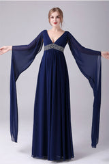 A-Line V-neck Floor Length Long sleeves Backless Sequined mother's dress-Ballbella