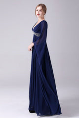 A-Line V-neck Floor Length Long sleeves Backless Sequined mother's dress-Ballbella