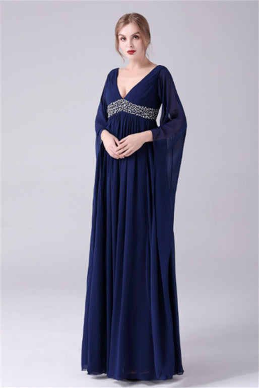 A-Line V-neck Floor Length Long sleeves Backless Sequined mother's dress-Ballbella