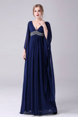 A-Line V-neck Floor Length Long sleeves Backless Sequined mother's dress-Ballbella