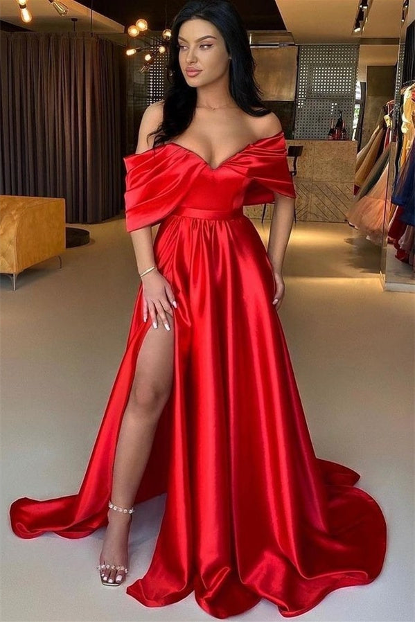 A-line V-neck Floor-length Off-the-shoulder Backless High Split Prom Dress-Ballbella