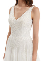 A-line V-neck Floor-length Sleeveless Backless Appliques Lace Wedding Dress-Ballbella