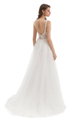 A-line V-neck Floor-length Sleeveless Backless Appliques Lace Wedding Dress-Ballbella