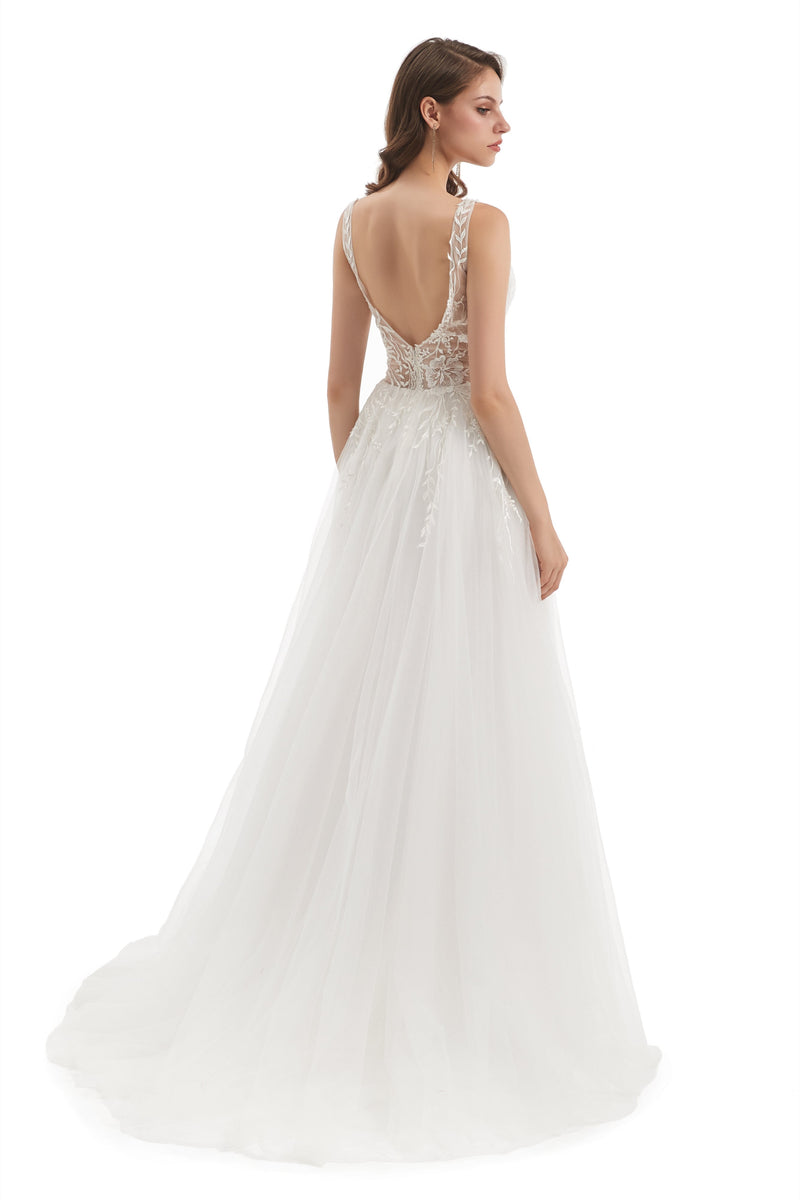 A-line V-neck Floor-length Sleeveless Backless Appliques Lace Wedding Dress-Ballbella