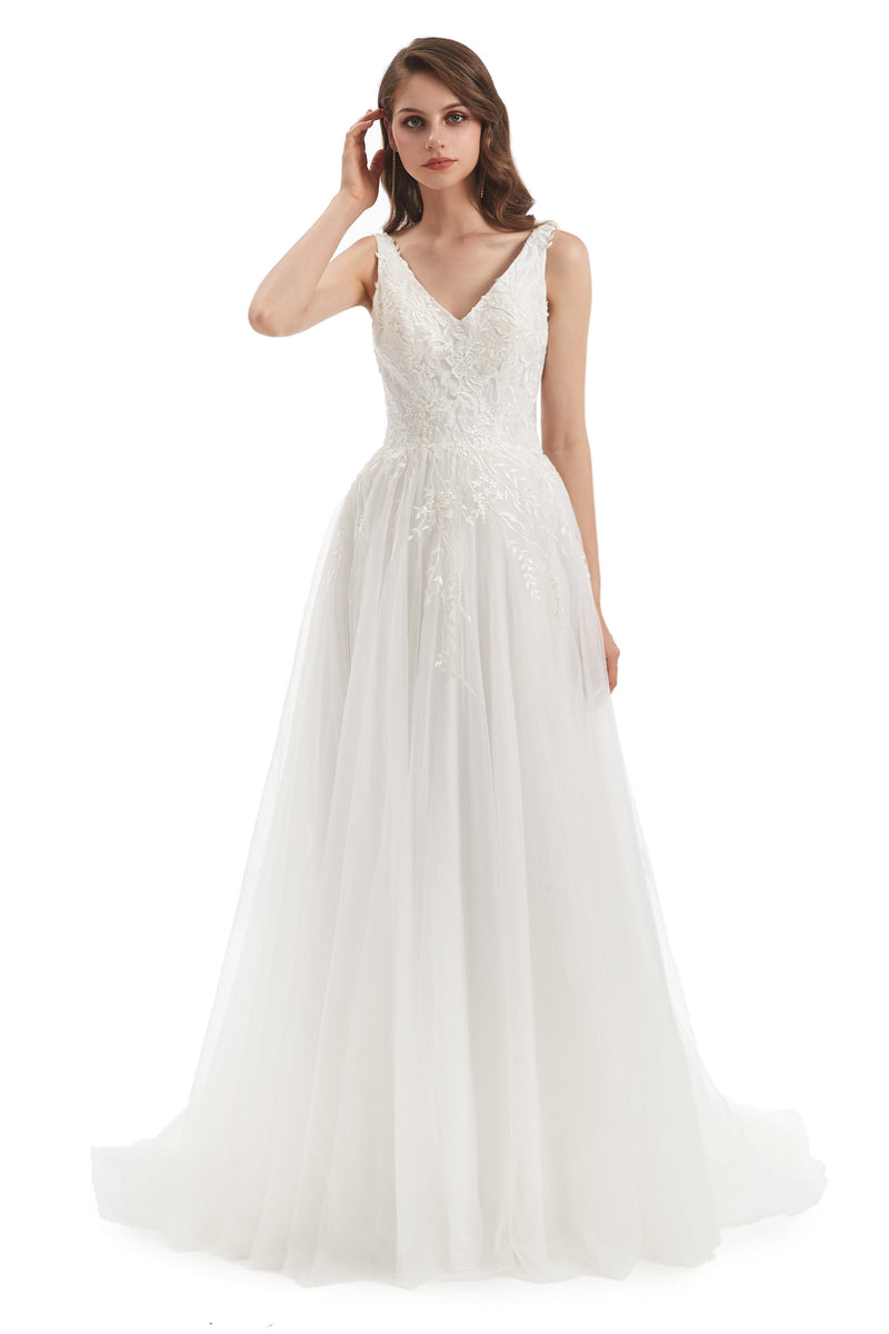 A-line V-neck Floor-length Sleeveless Backless Appliques Lace Wedding Dress-Ballbella