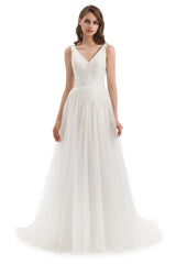 A-line V-neck Floor-length Sleeveless Backless Appliques Lace Wedding Dress-Ballbella