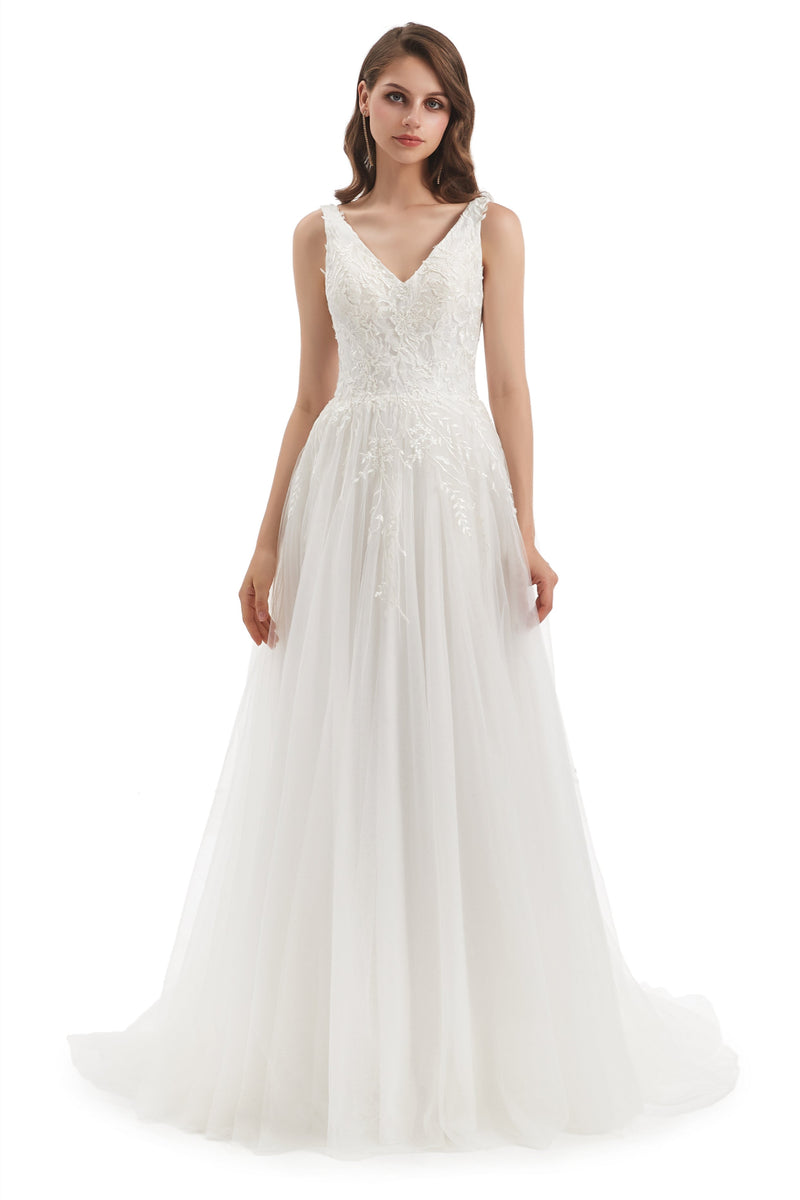 A-line V-neck Floor-length Sleeveless Backless Appliques Lace Wedding Dress-Ballbella