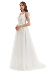 A-line V-neck Floor-length Sleeveless Backless Appliques Lace Wedding Dress-Ballbella