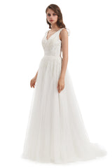 A-line V-neck Floor-length Sleeveless Backless Appliques Lace Wedding Dress-Ballbella