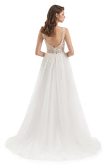 A-line V-neck Floor-length Sleeveless Backless Appliques Lace Wedding Dress-Ballbella