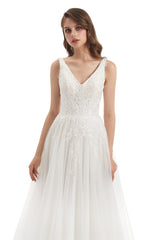 A-line V-neck Floor-length Sleeveless Backless Appliques Lace Wedding Dress-Ballbella