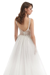 A-line V-neck Floor-length Sleeveless Backless Appliques Lace Wedding Dress-Ballbella