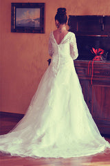 A-line V-neck Floor Length Tulle Applique Lace Wedding Dress-Ballbella