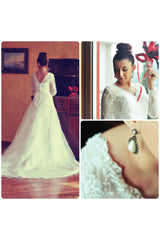 A-line V-neck Floor Length Tulle Applique Lace Wedding Dress-Ballbella