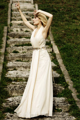 A-line V-neck Halt Floor Length Chiffon Rhinestone Evening Dress-Ballbella