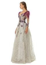 A-line V-neck Lace Floor-length Long Sleeve Open Back Beading Prom Dress-Ballbella