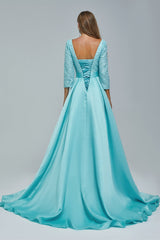 A-line V-neck Long sleeves Floor-length Backless High Split Satin Lace Crystal Detailing Beautiful Prom Dress-Ballbella