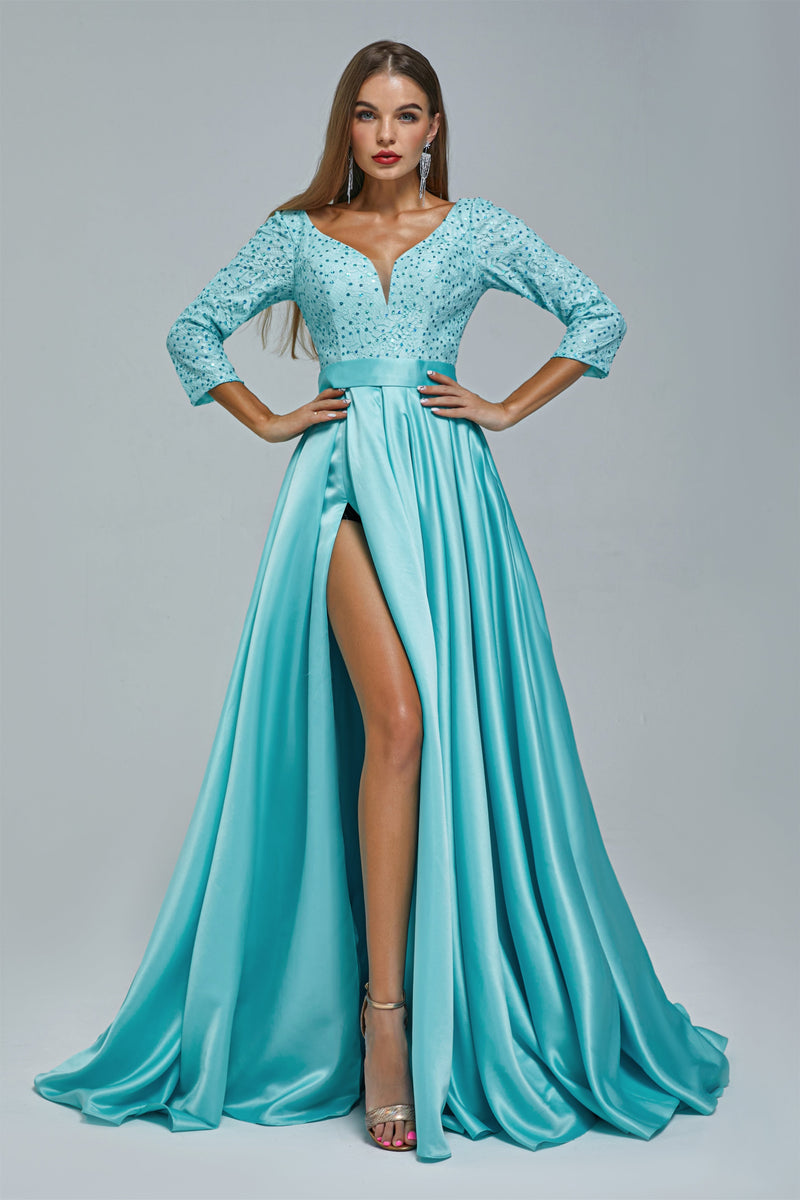 A-line V-neck Long sleeves Floor-length Backless High Split Satin Lace Crystal Detailing Beautiful Prom Dress-Ballbella