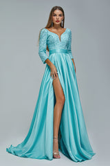 A-line V-neck Long sleeves Floor-length Backless High Split Satin Lace Crystal Detailing Beautiful Prom Dress-Ballbella