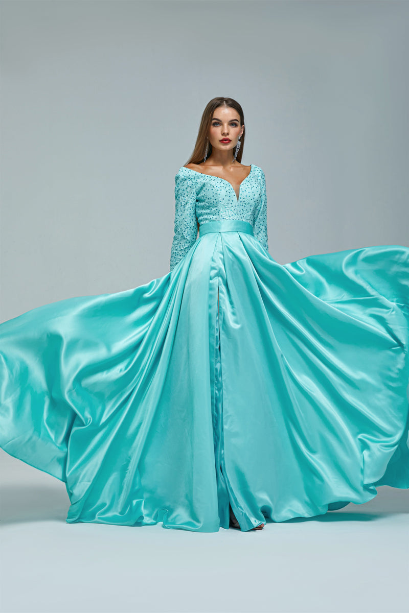 A-line V-neck Long sleeves Floor-length Backless High Split Satin Lace Crystal Detailing Beautiful Prom Dress-Ballbella