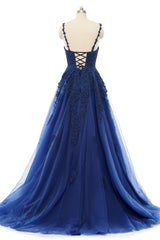 A-line V-neck Spaghetti strap Floor-length Sleeveless Backless Appliques Lace Elegant Prom Dress-Ballbella