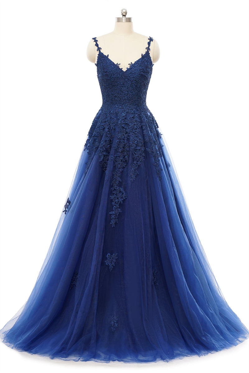 A-line V-neck Spaghetti strap Floor-length Sleeveless Backless Appliques Lace Elegant Prom Dress-Ballbella