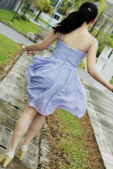 A-line V-neck Spaghetti Strap Knee Length Chiffon Pleated Prom Dress-Ballbella