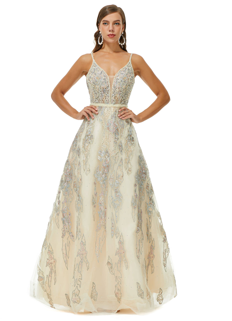 A-line V-neck Spaghetti strap Lace Floor-length Sleeveless Beading Prom Dress-Ballbella