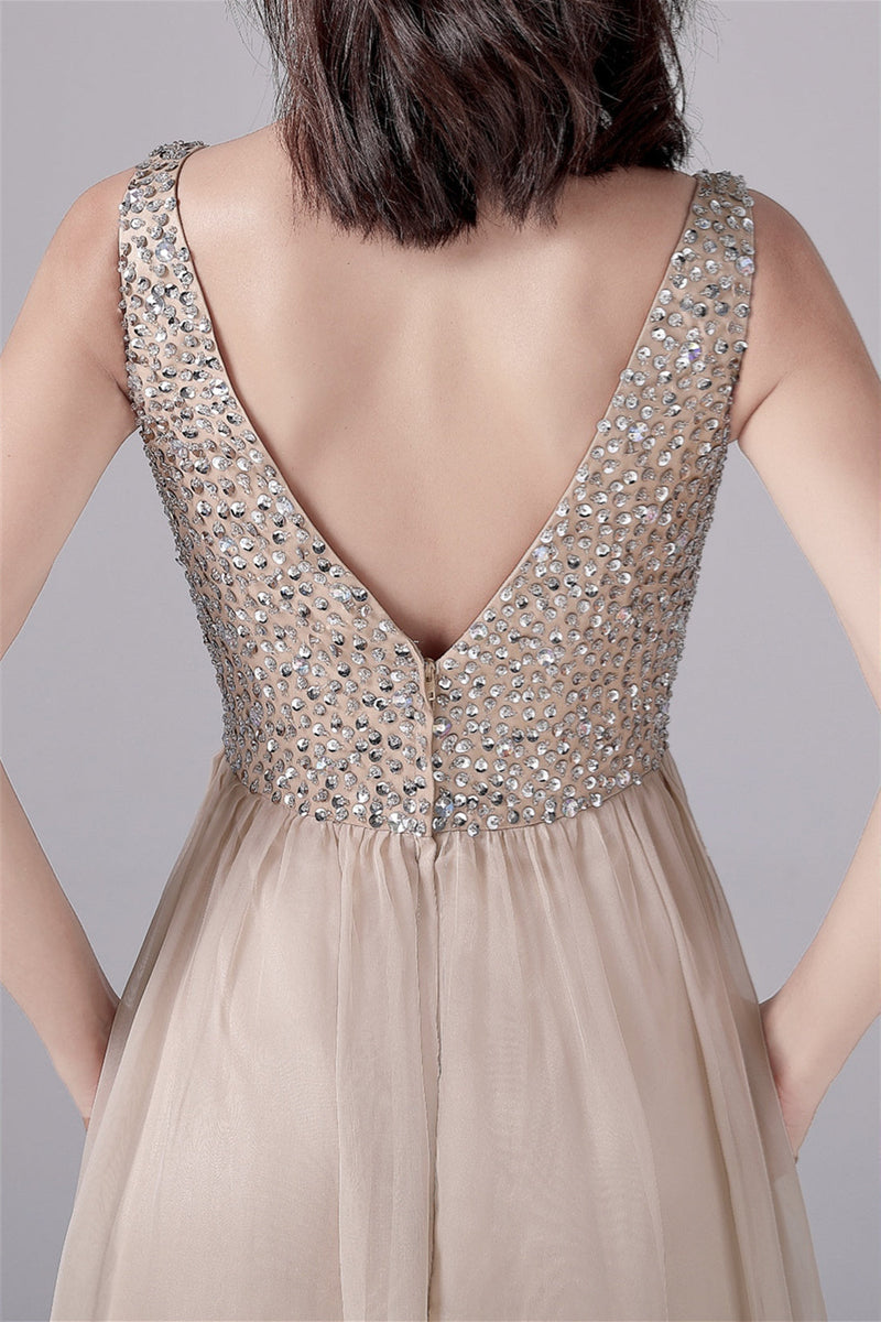 A-Line V-neck strap Sequined Floor Length Sleeveless Backless mother's dress-Ballbella