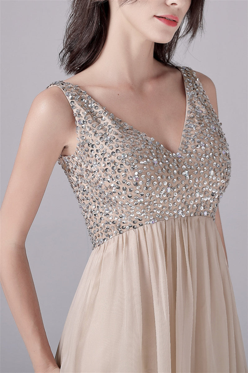 A-Line V-neck strap Sequined Floor Length Sleeveless Backless mother's dress-Ballbella