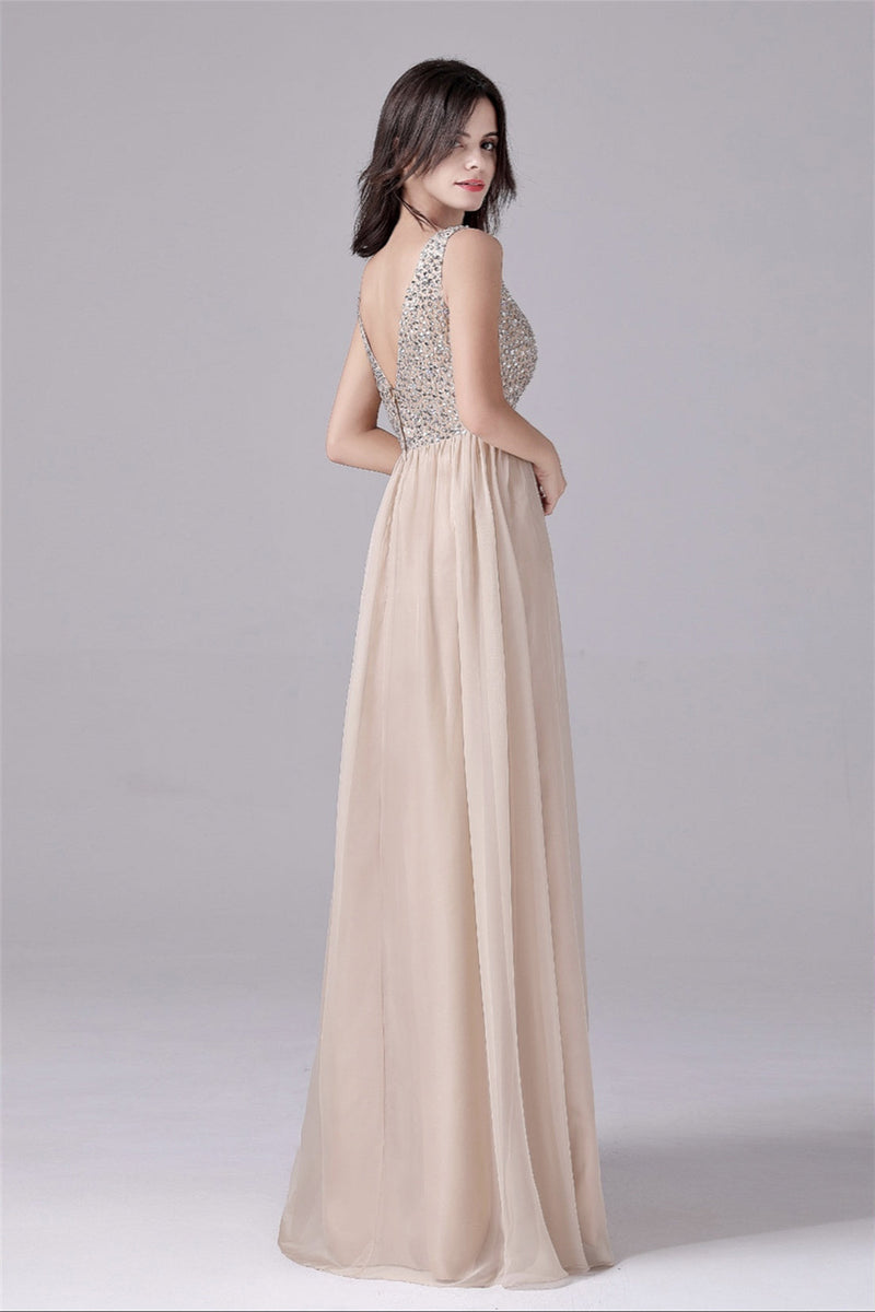 A-Line V-neck strap Sequined Floor Length Sleeveless Backless mother's dress-Ballbella