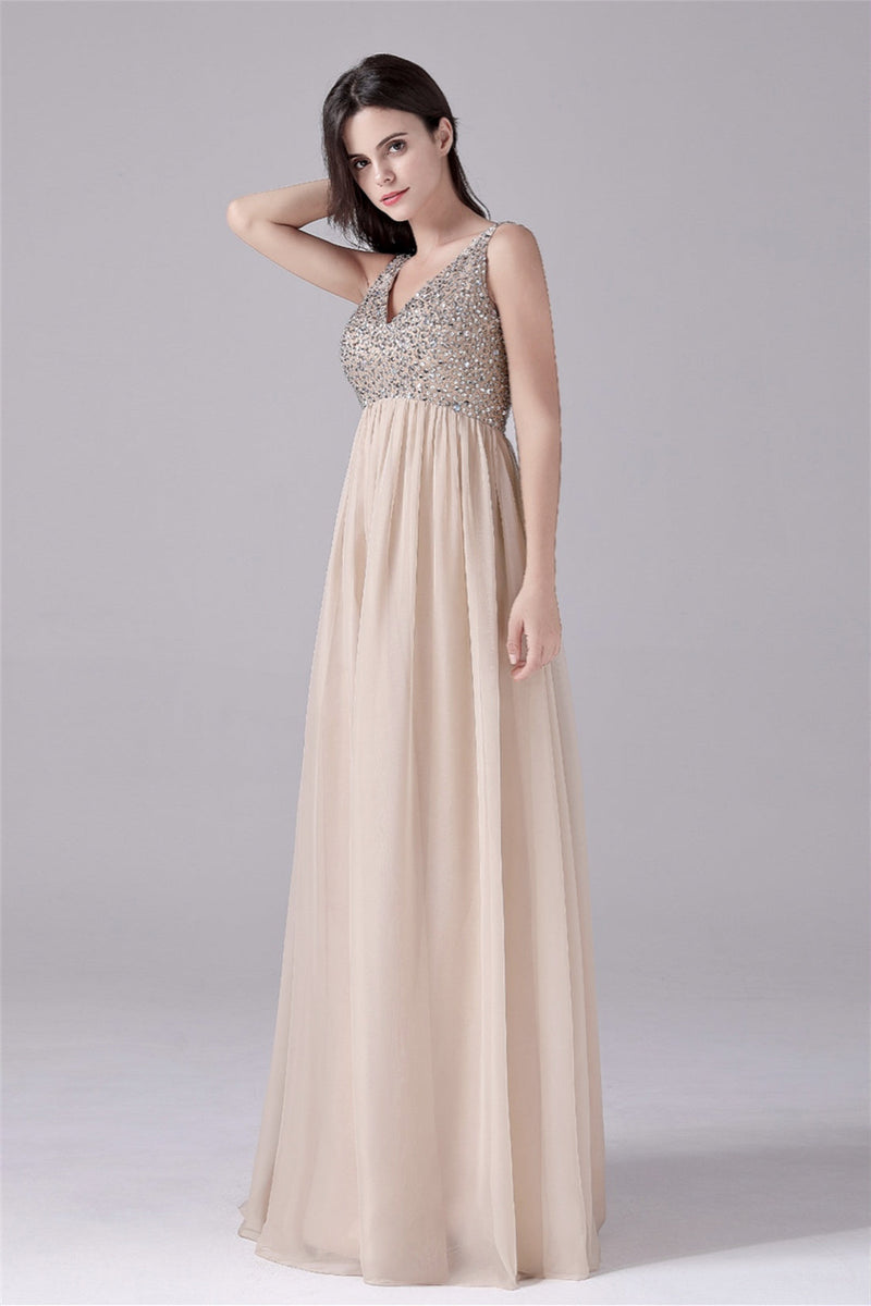 A-Line V-neck strap Sequined Floor Length Sleeveless Backless mother's dress-Ballbella