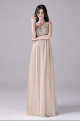 A-Line V-neck strap Sequined Floor Length Sleeveless Backless mother's dress-Ballbella