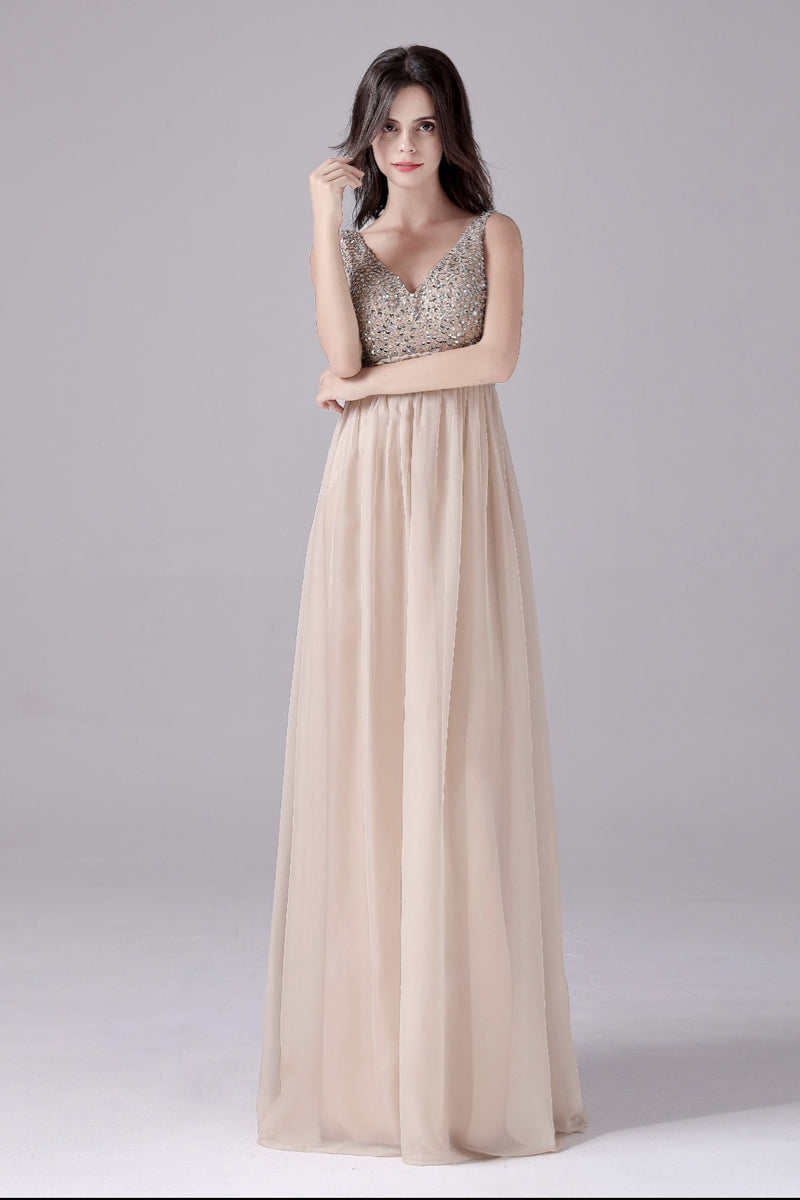 A-Line V-neck strap Sequined Floor Length Sleeveless Backless mother's dress-Ballbella