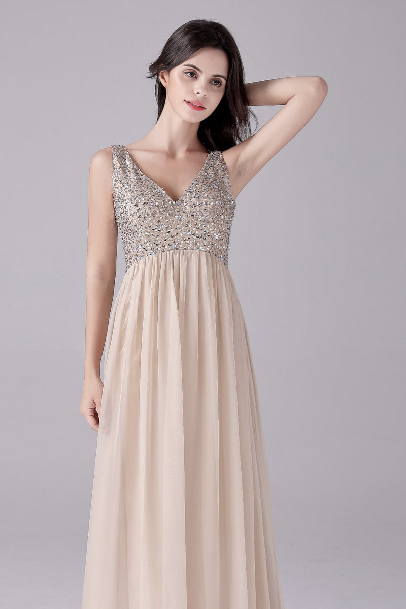 A-Line V-neck strap Sequined Floor Length Sleeveless Backless mother's dress-Ballbella