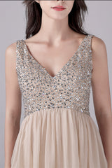 A-Line V-neck strap Sequined Floor Length Sleeveless Backless mother's dress-Ballbella