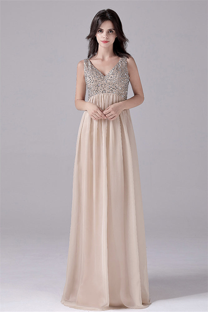 A-Line V-neck strap Sequined Floor Length Sleeveless Backless mother's dress-Ballbella