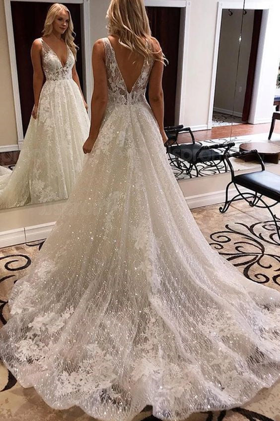 A-line V-neck Wide Strap Chapel Train Tulle Crochet Flower Wedding Dress-Ballbella