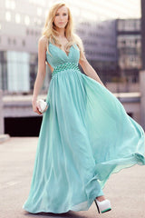 A-line V-neck Wide Straps Sleeveless Floor Length Backless Chiffon Evening Dress-Ballbella