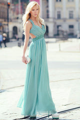 A-line V-neck Wide Straps Sleeveless Floor Length Backless Chiffon Evening Dress-Ballbella