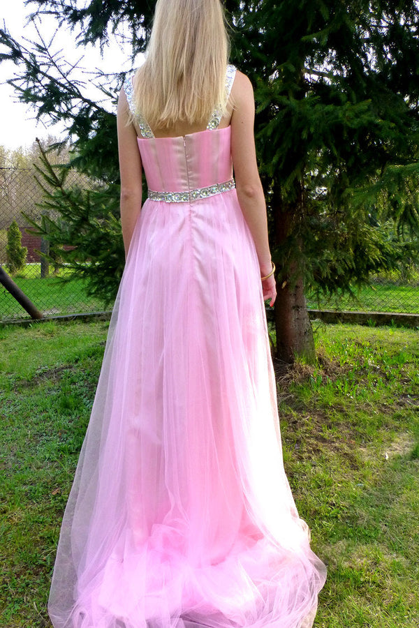 A-line Wide Strap Floor Length Chrmuse Tulle Rhinestone Prom Dress-Ballbella