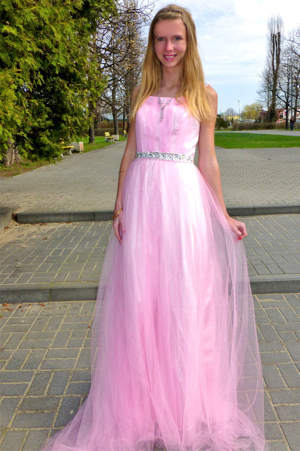 A-line Wide Strap Floor Length Chrmuse Tulle Rhinestone Prom Dress-Ballbella