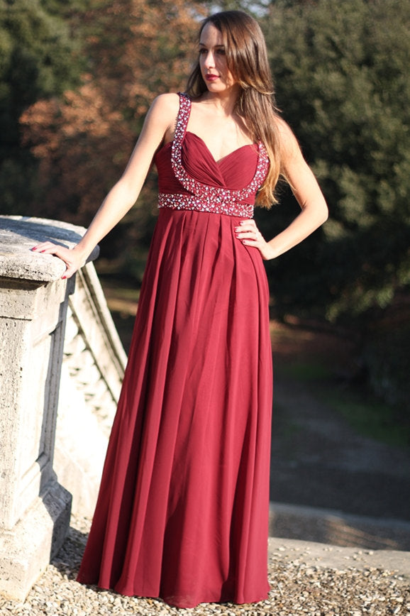 A-line Wide Strap V-neck Floor Length Chiffon Rhinestone Prom Dress-Ballbella